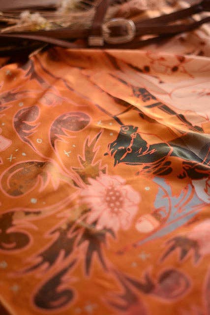 Large 100% Mulberry Silk 35x35: Round Up Floral Cattle Cowgirl Western Wild Rag