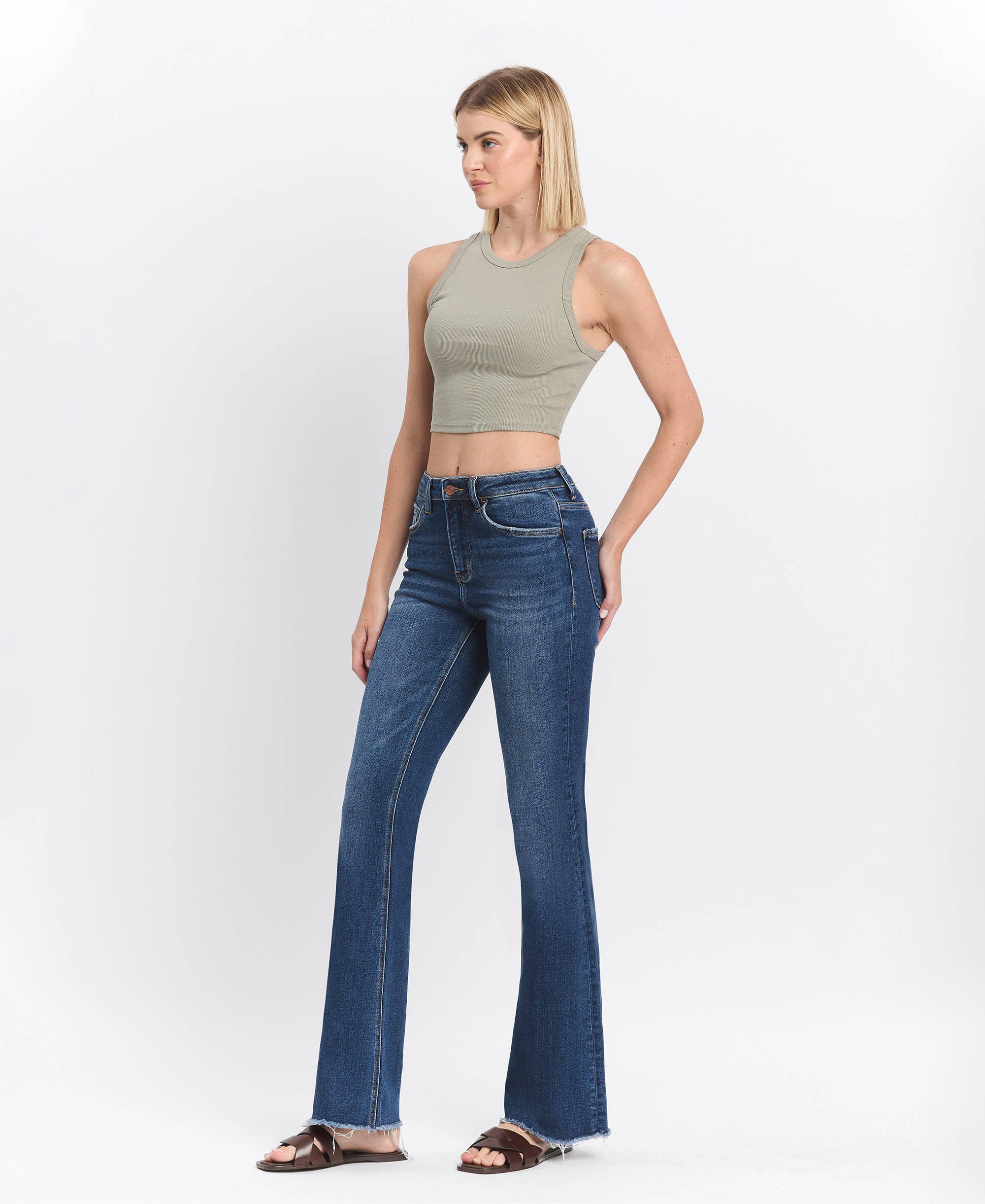 High Rise Medium Dark Wash Raw Hem Bootcut Jeans