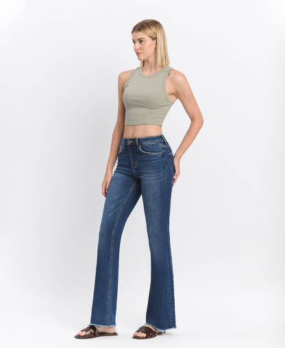 High Rise Medium Dark Wash Raw Hem Bootcut Jeans