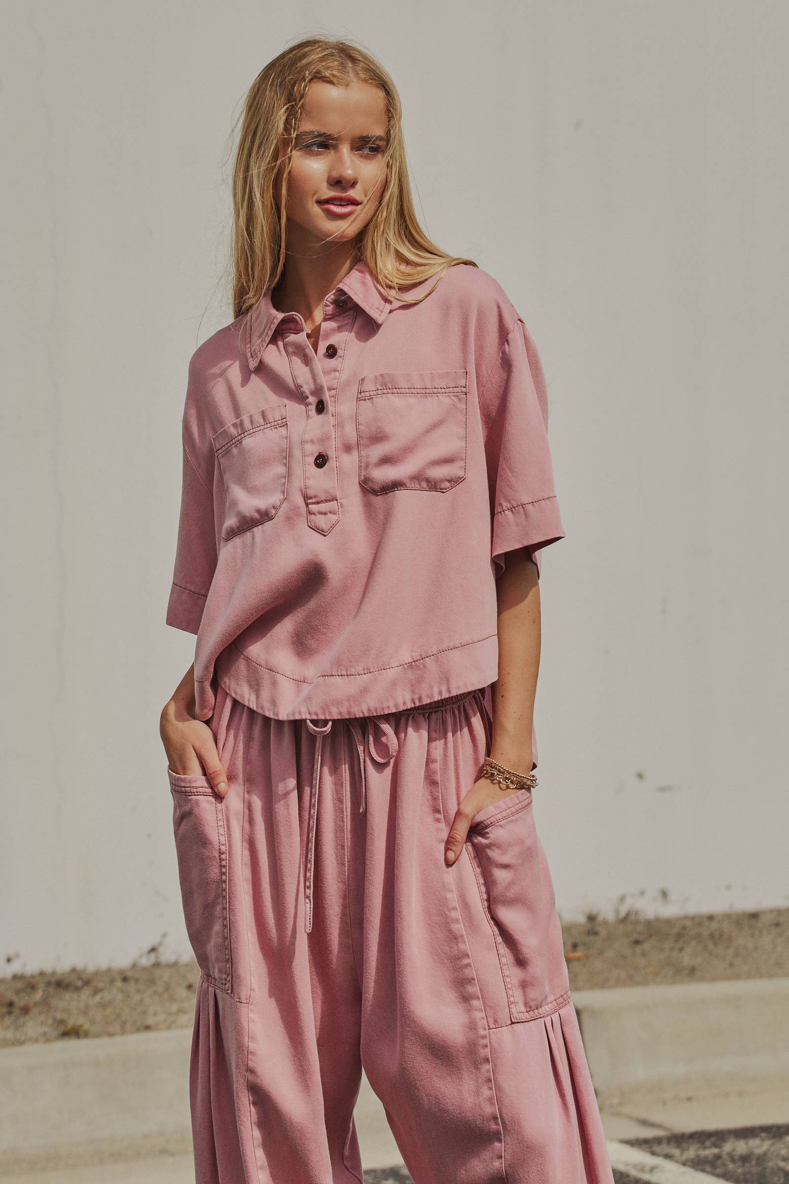 Washed Denim Half Placket Cropped Shirt