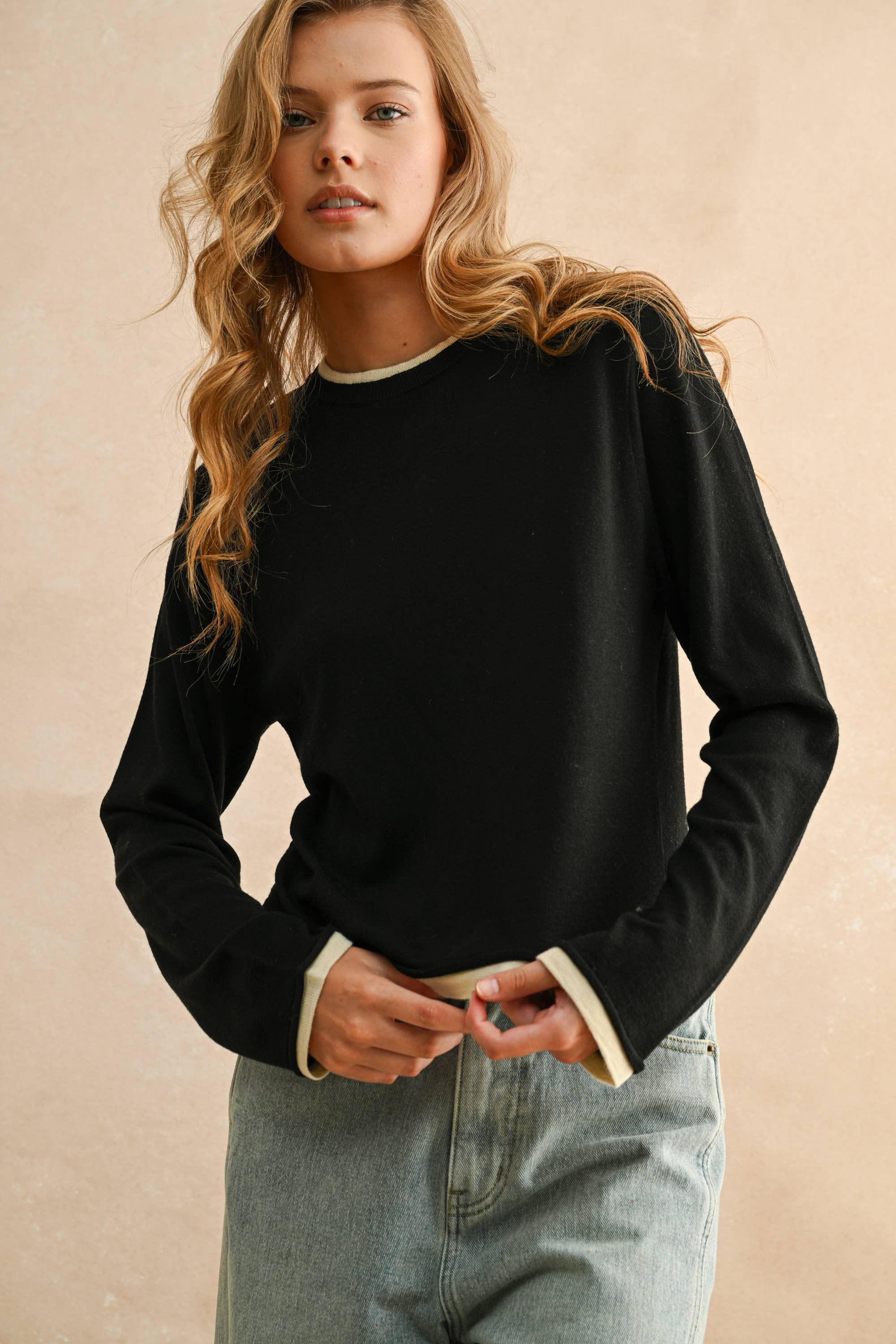 Black Long Sleeve "Layered" Knitted Top