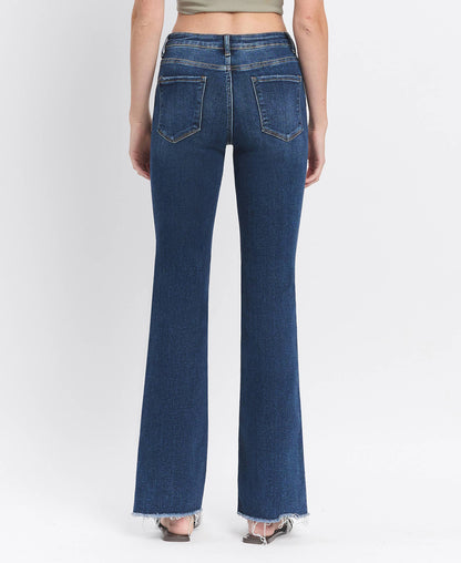 High Rise Medium Dark Wash Raw Hem Bootcut Jeans