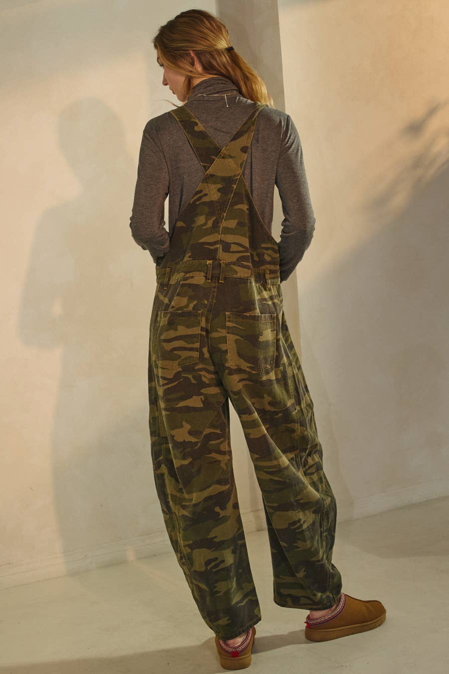Camo Denim Barrel Overall Jumpsuit
