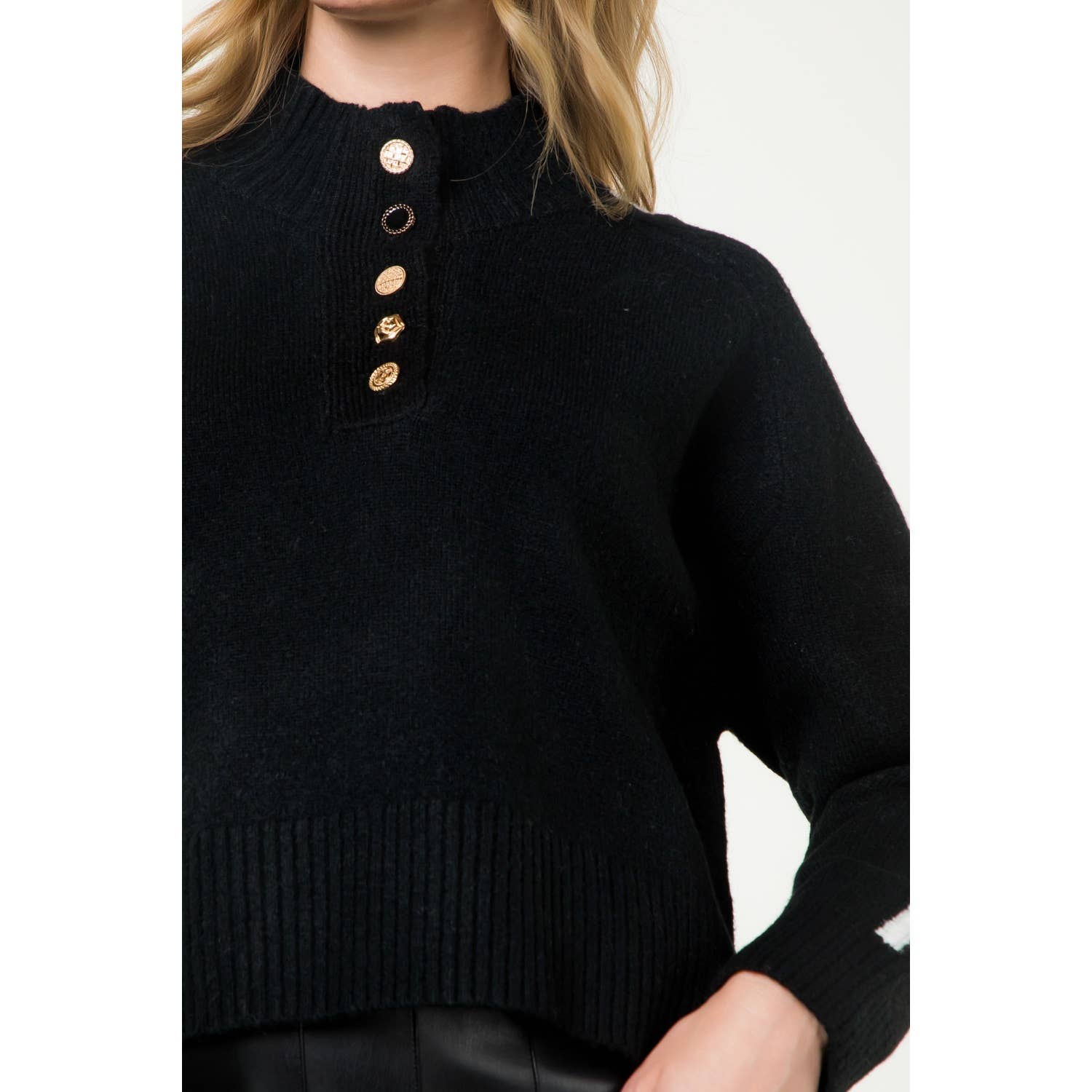 Half Button Mock Neck Stripe Sleeve Sweater