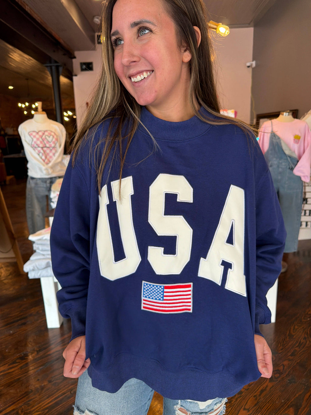 Navy USA 4th Of July Embroidered Mockneck 