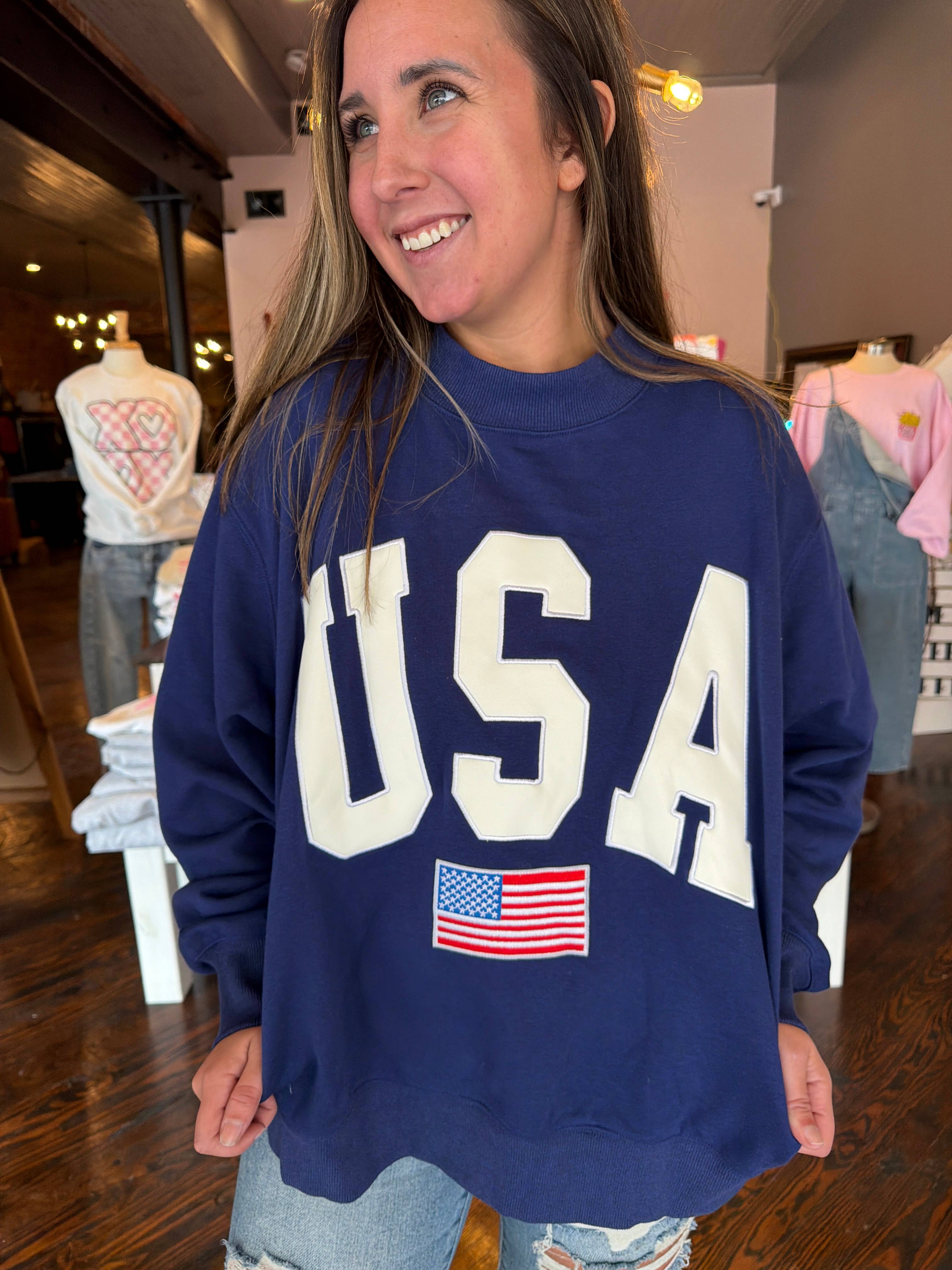 Navy USA 4th Of July Embroidered Mockneck 