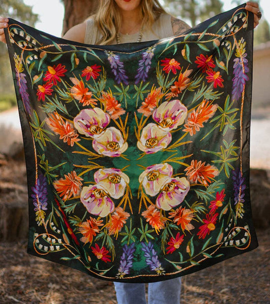 Vivid Wildflowers Western Cowgirl 35x35 Silk Wild Rag Scarf