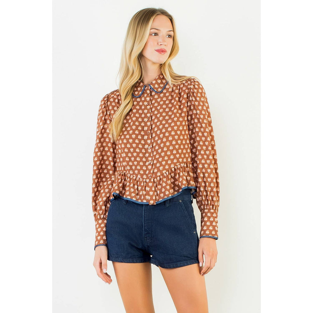 Long Sleeve Floral Pattern Button Down Top