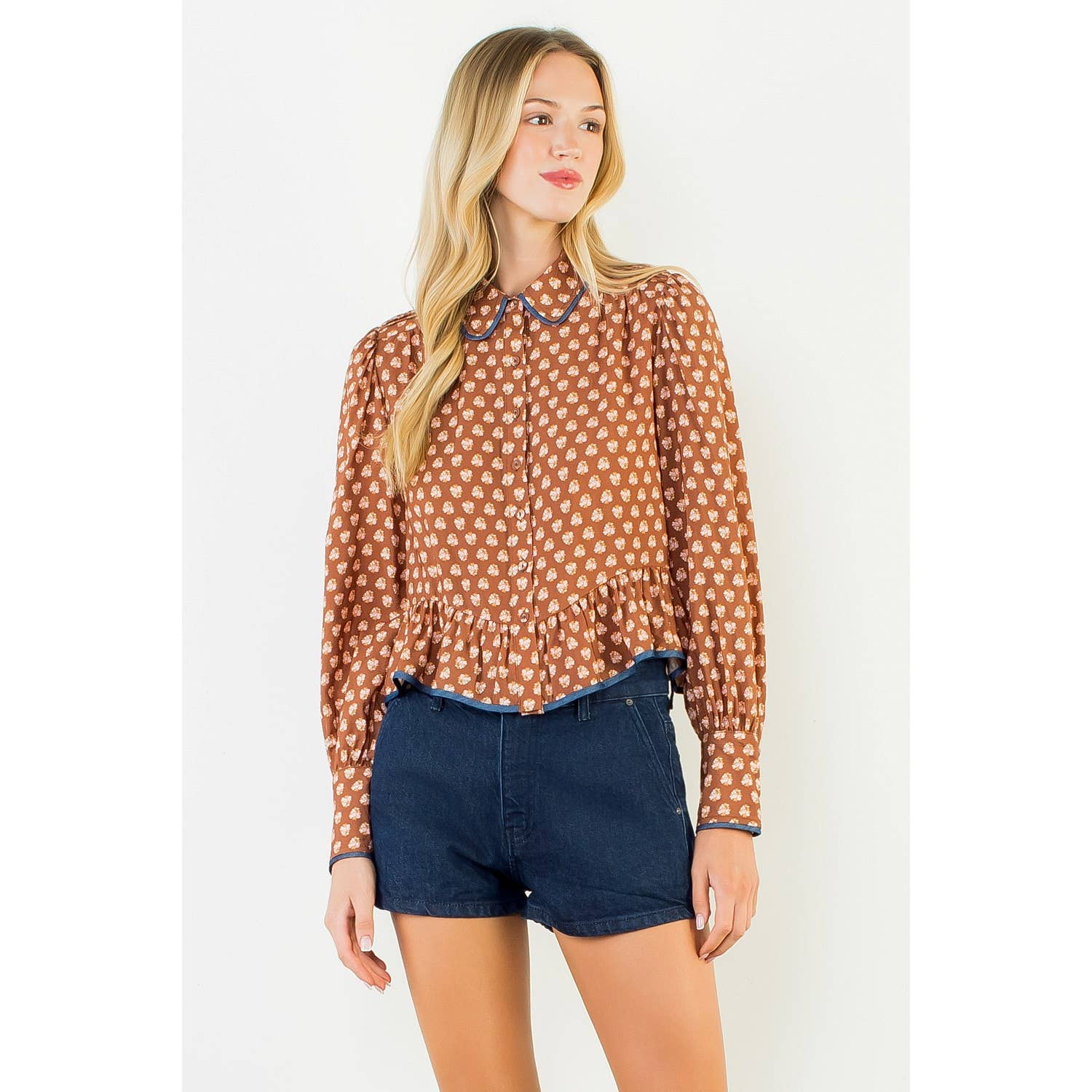 Long Sleeve Floral Pattern Button Down Top