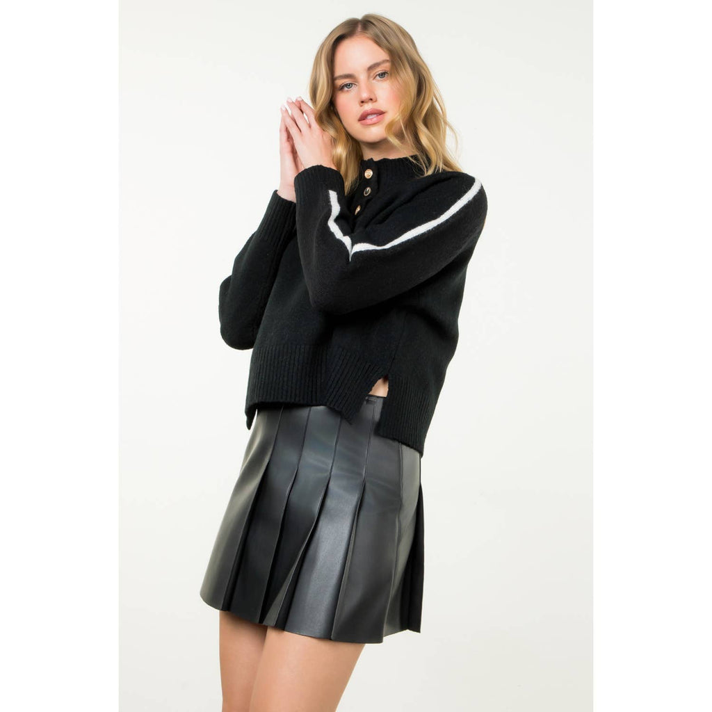 Half Button Mock Neck Stripe Sleeve Sweater