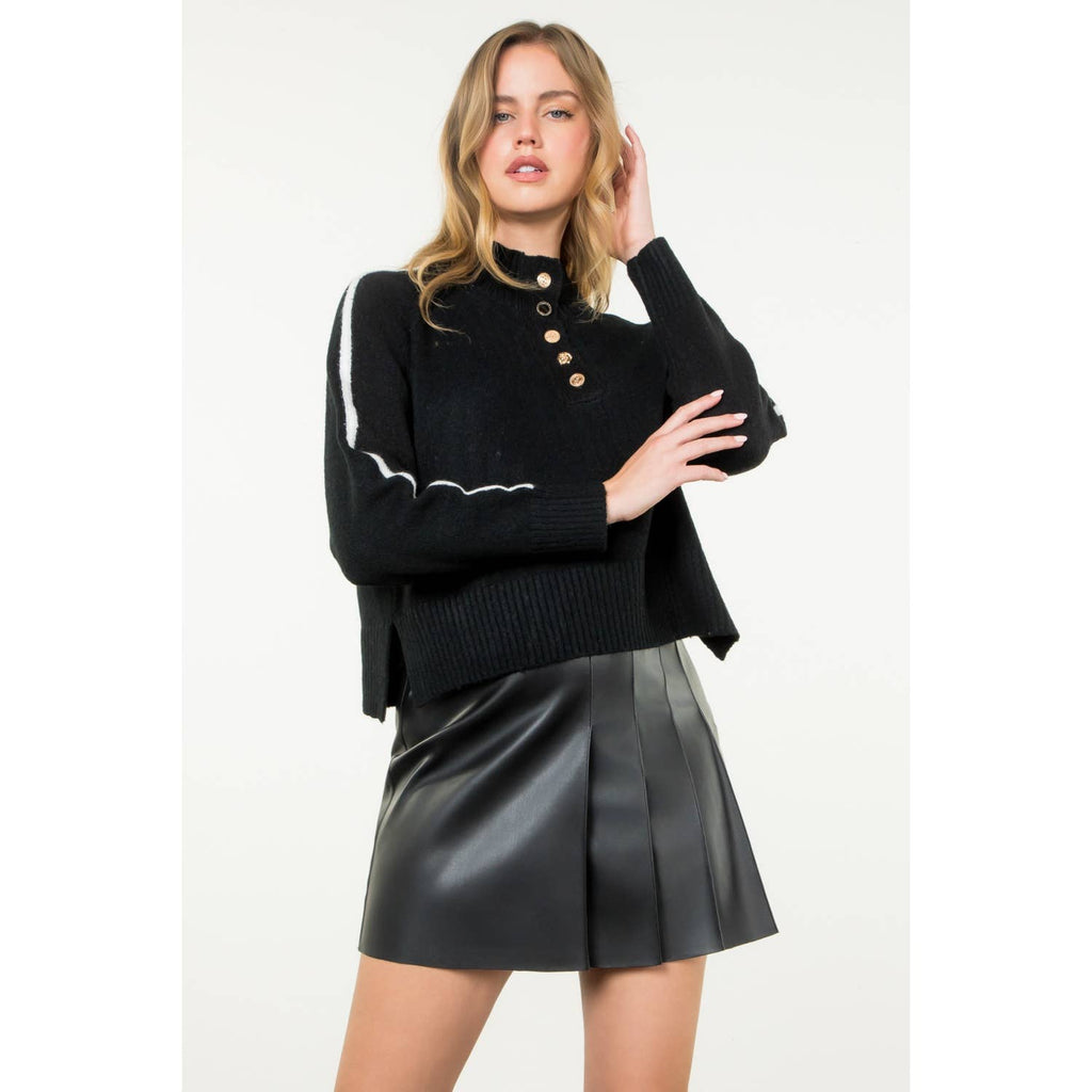 Half Button Mock Neck Stripe Sleeve Sweater