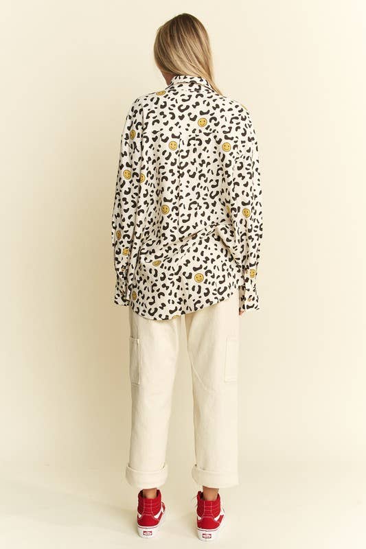Smiley Animal Print Button-Up Shirt