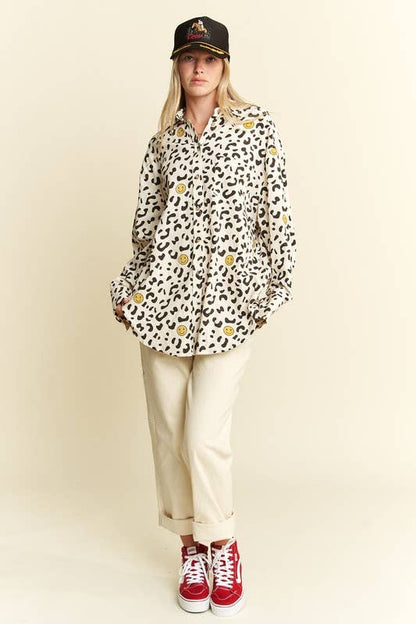 Smiley Animal Print Button-Up Shirt