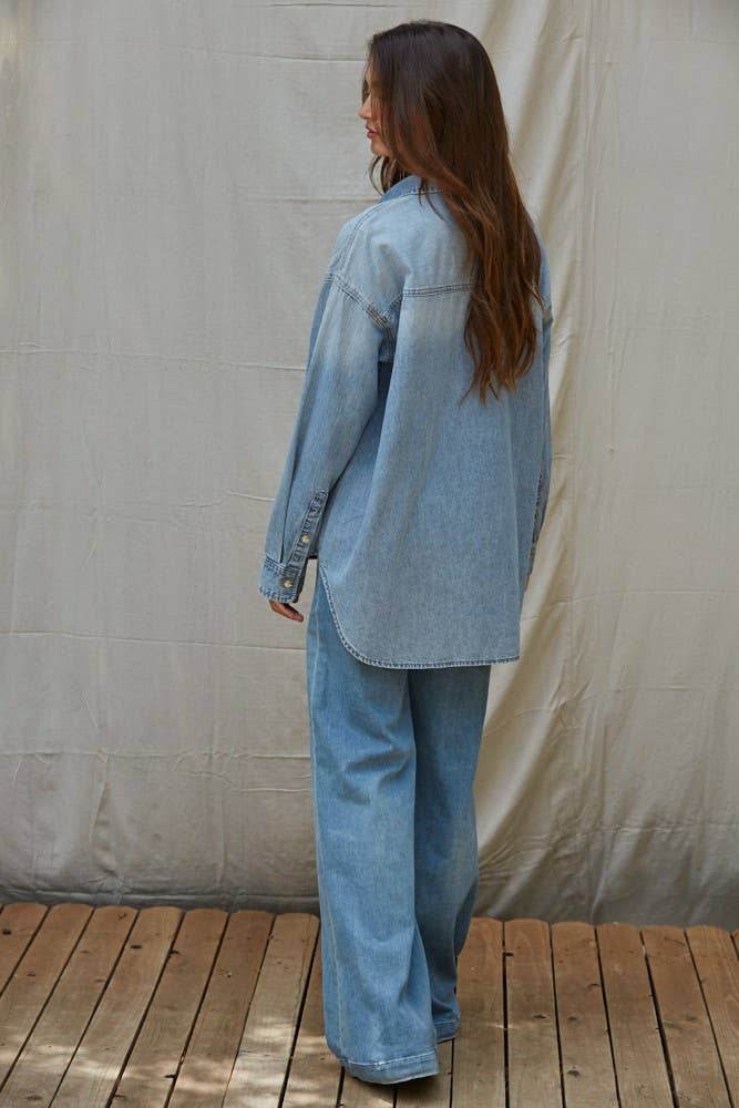 Cotton Denim Button-Down Long-Sleeve Shirt