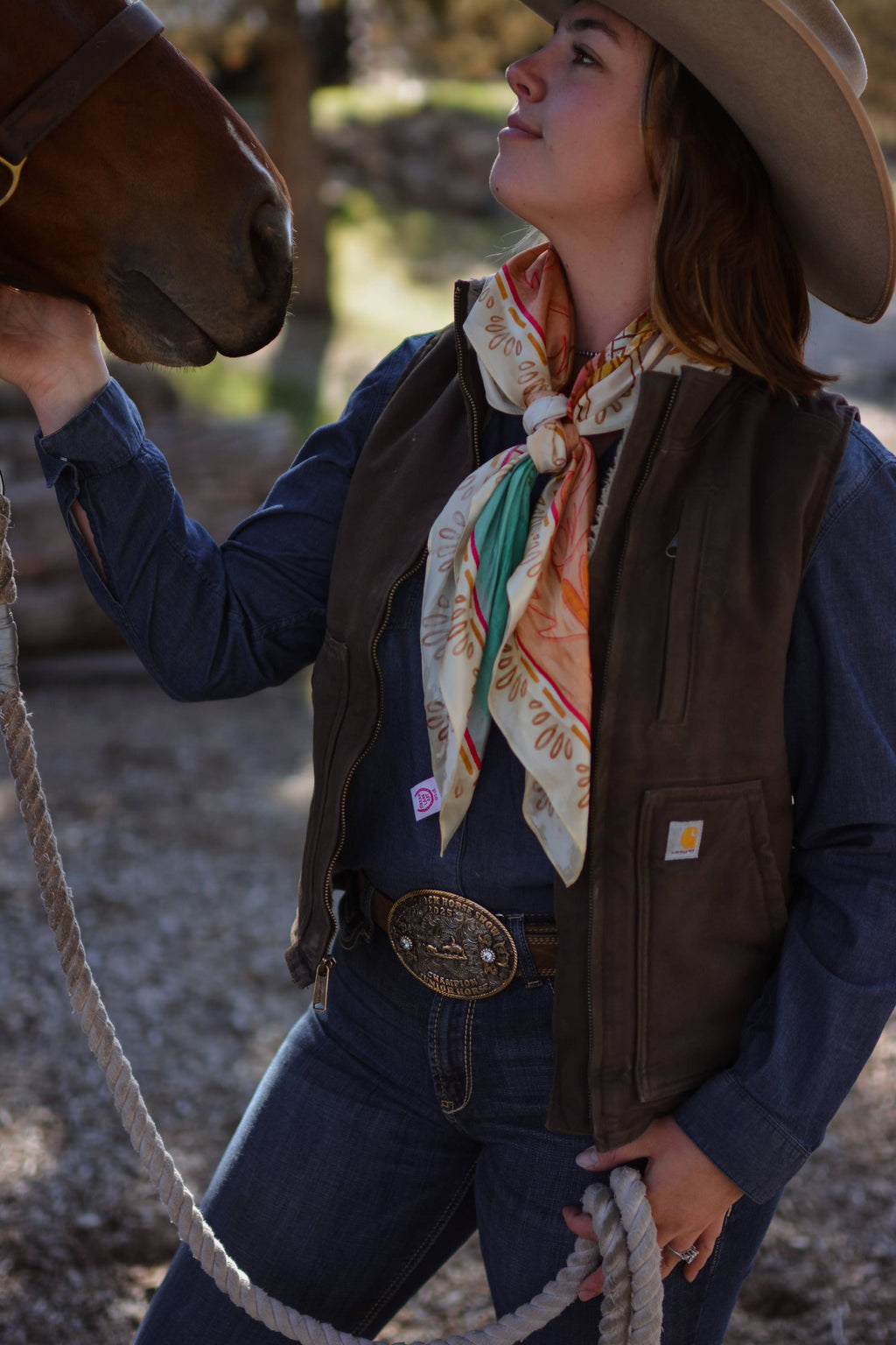 Western Corral and Floral Horse Rider: Cowgirl Scarf: 35x35 Western Mulberry Silk Wild Rag