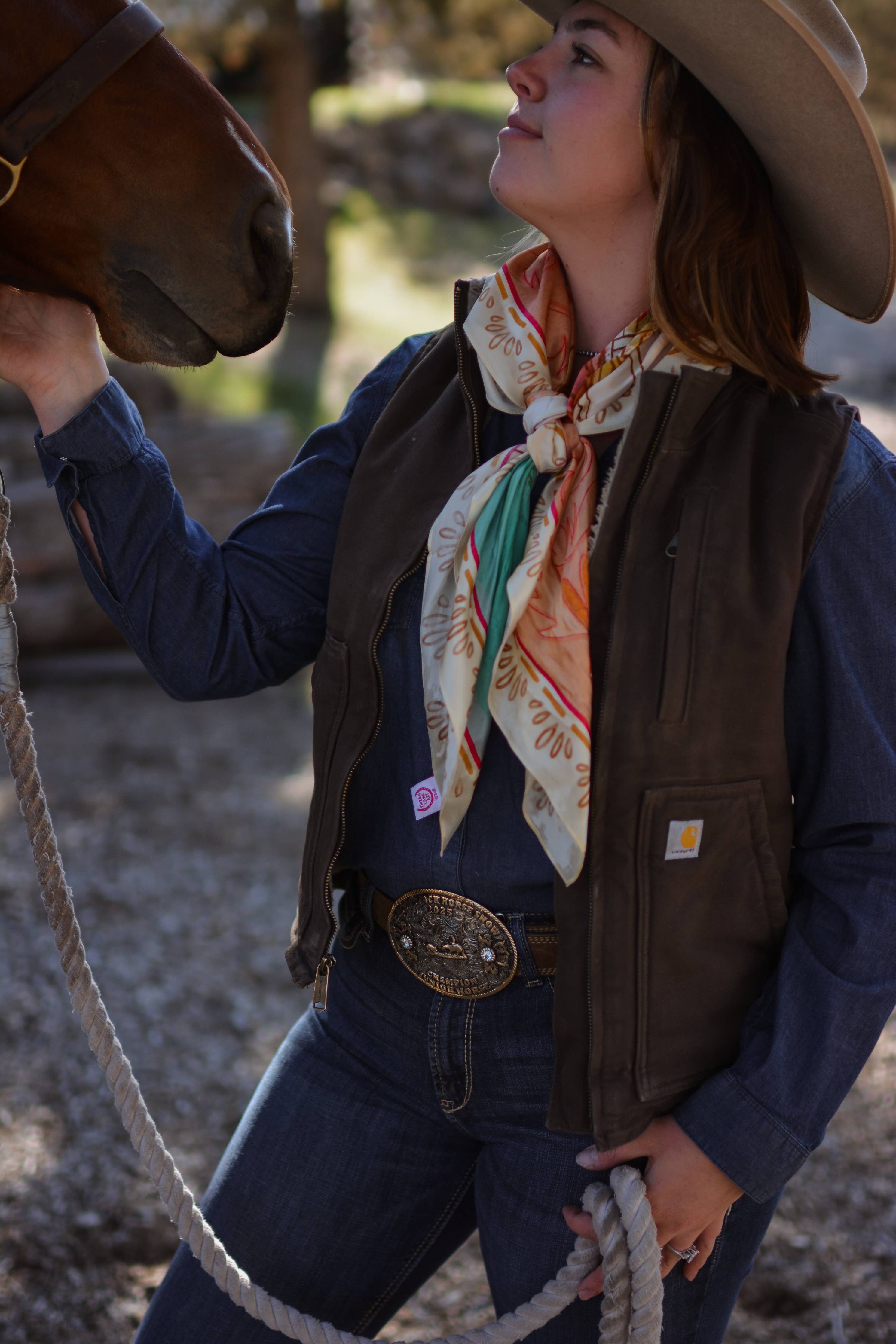 Western Corral and Floral Horse Rider: Cowgirl Scarf: 35x35 Western Mulberry Silk Wild Rag