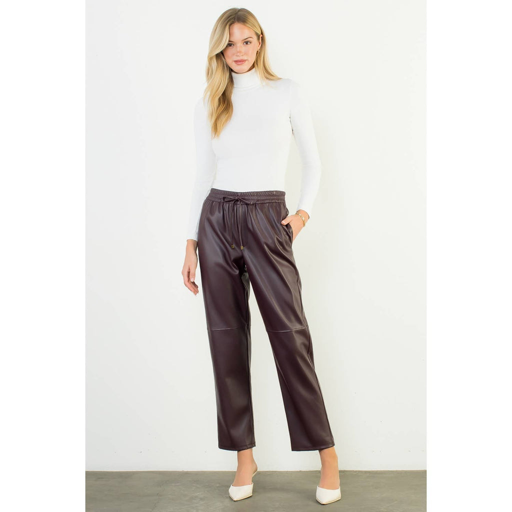 Drawstring Leather Straight Pants