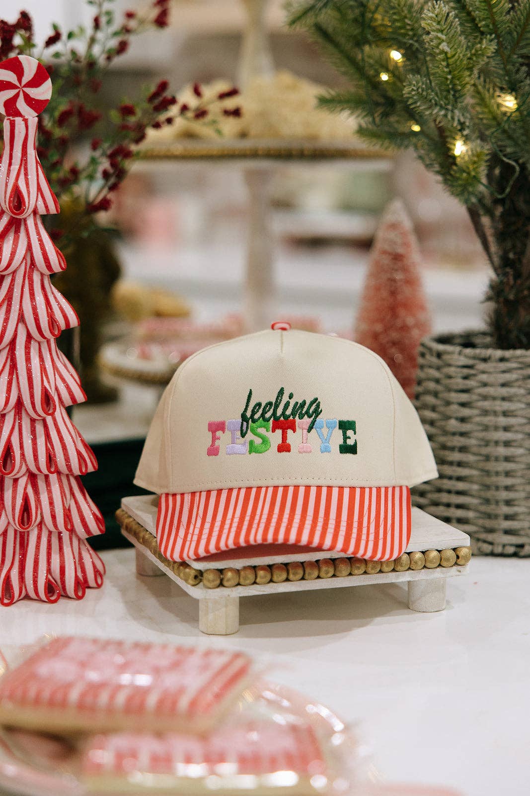 Feeling Festive Pink Striped Hat Christmas Hat