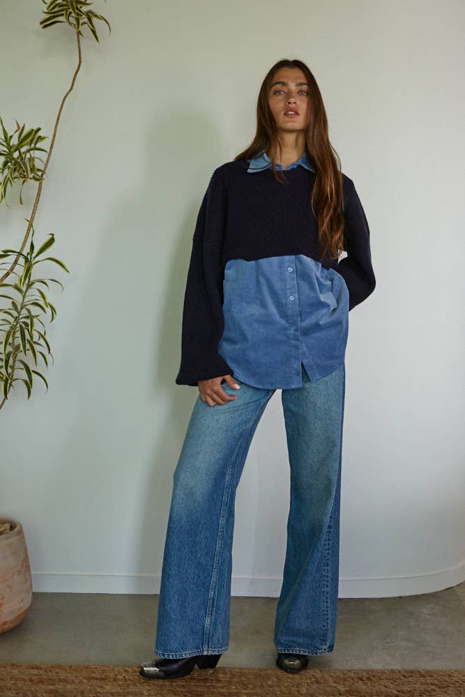 Woven Cotton Corduroy Collar Button Down Sweater Set