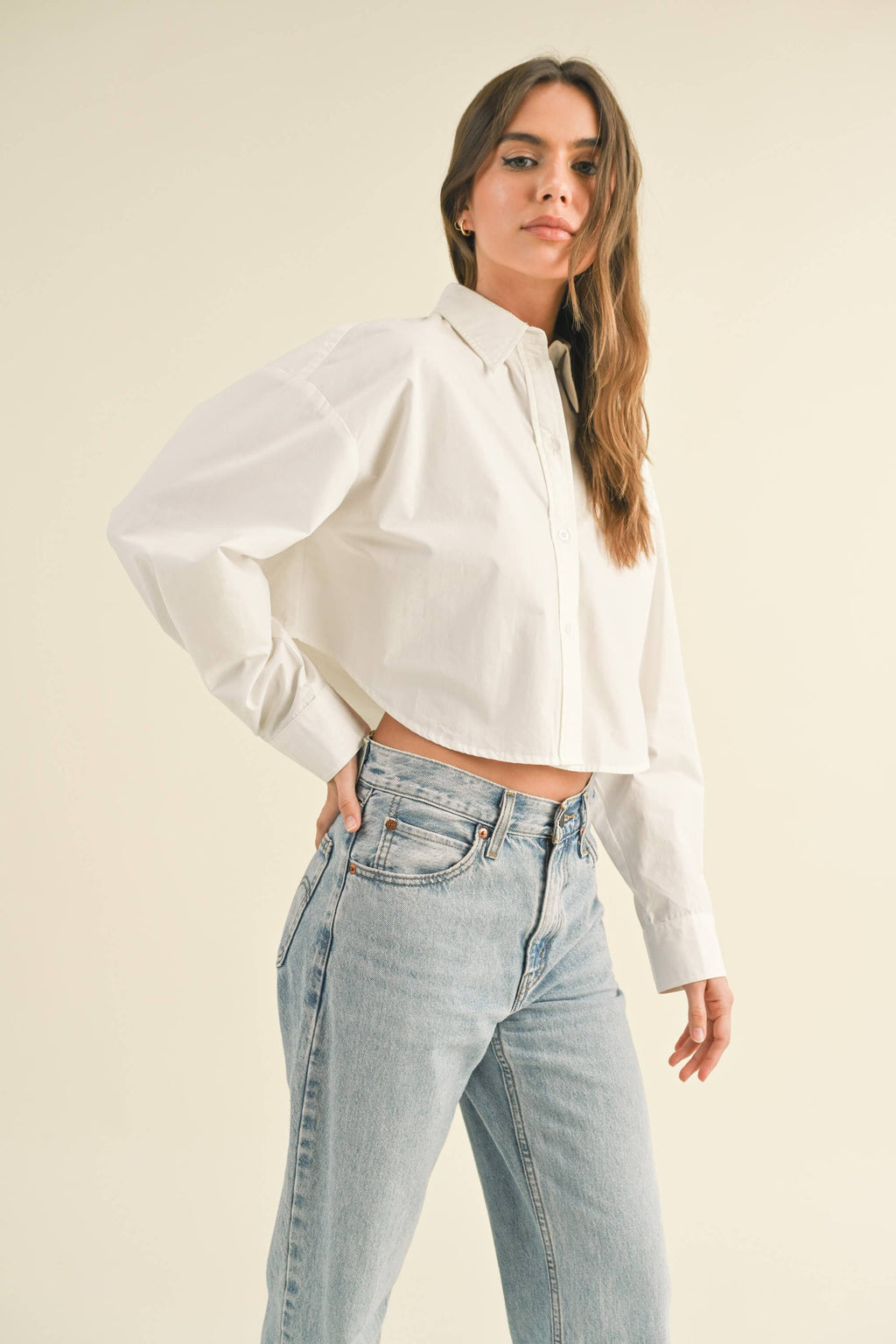 White Cropped Button Down Shirt